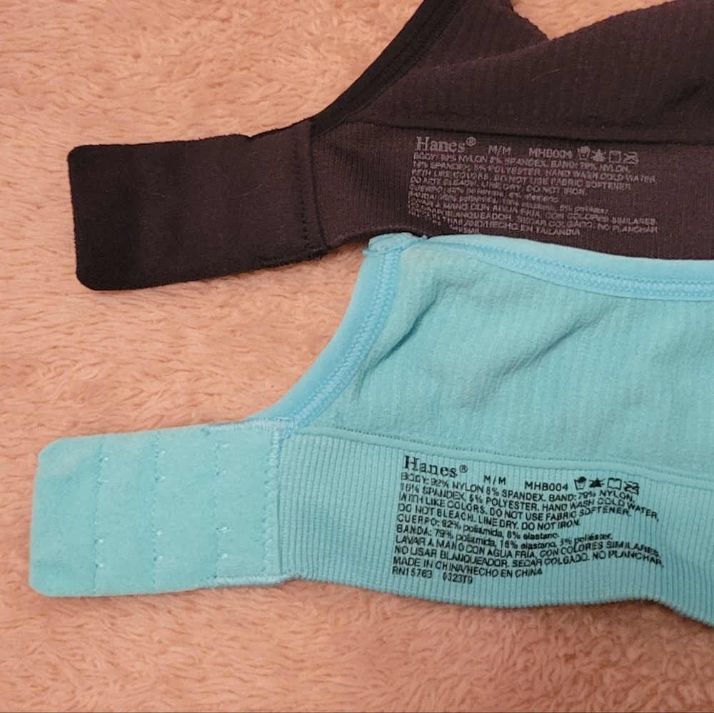 Hanes Set of 2 Turquoise & Black Adjust Seamless Rib Padded Wireless Bras. Sz: M - Picture 3 of 8